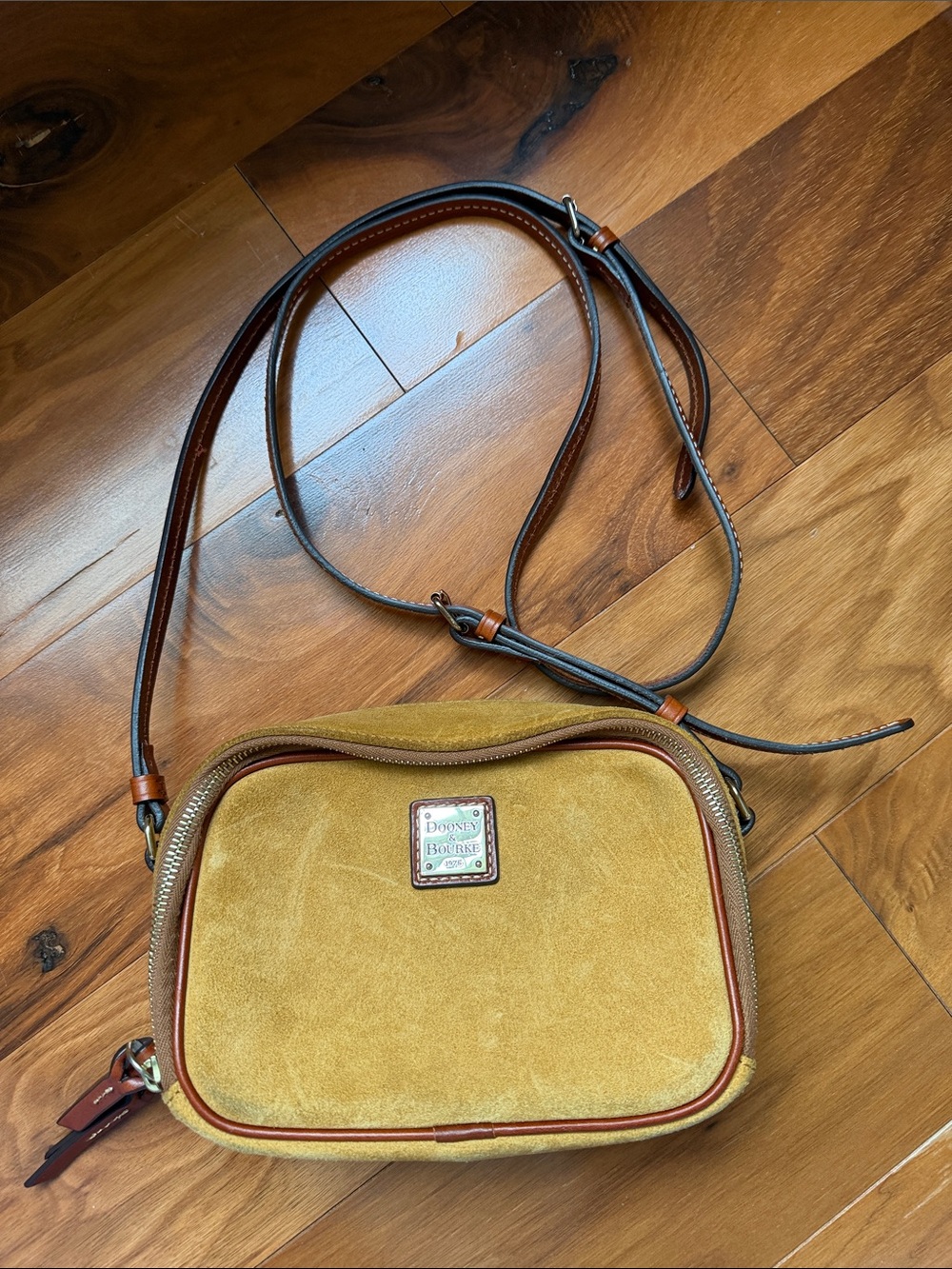 Dooney & Bourke Mustard Suede Crossbody with Brown Leather Trim